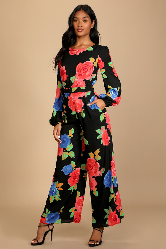 Black Floral Print Jumpsuit - Long ...